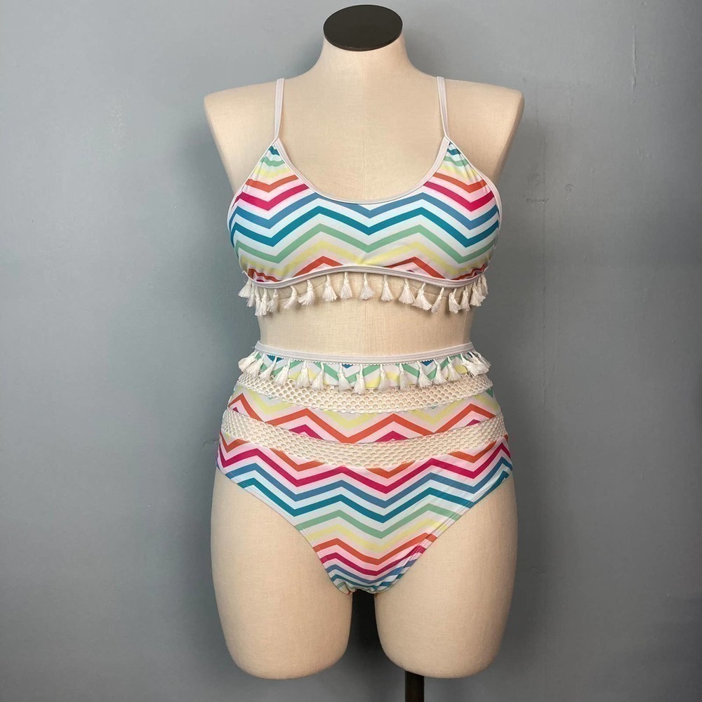 RAINBOW Chevron White Two Piece Bikini Set Tassel Mesh Detail US Size 12 Striped